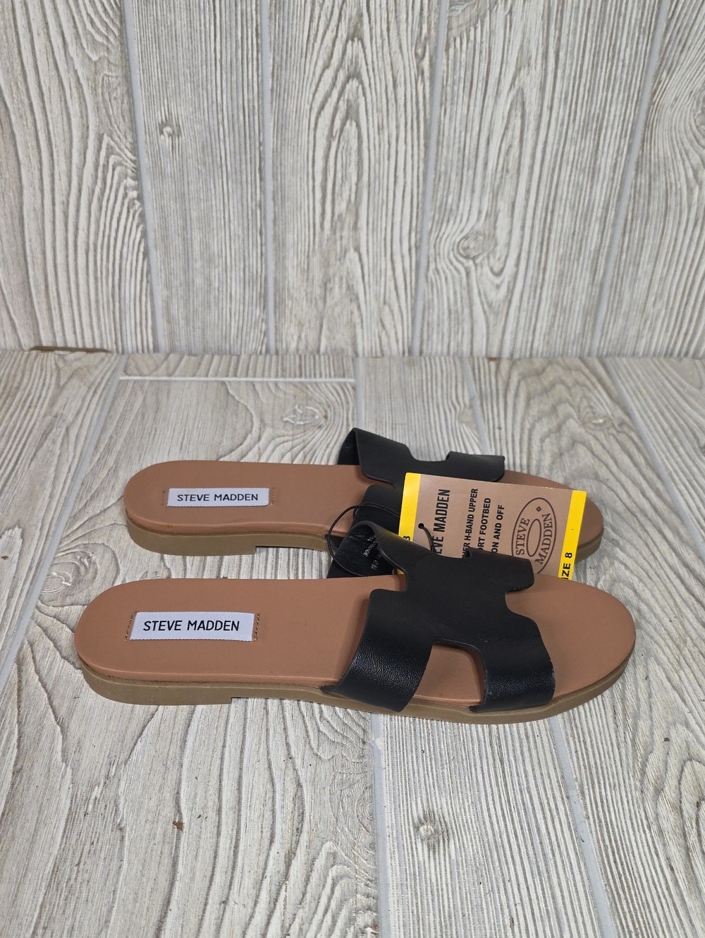 Steve Madden Roceen Black Leather Slide Sandals Womens Size 8 NWT - Picture 2 of 11